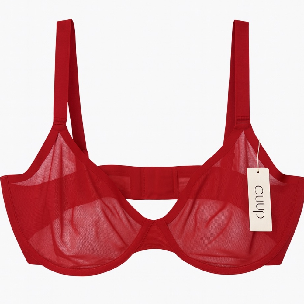 New CUUP The Plunge Bra 42F Amaryllis Red‎ Mesh Underwire Sheer Sexy Support